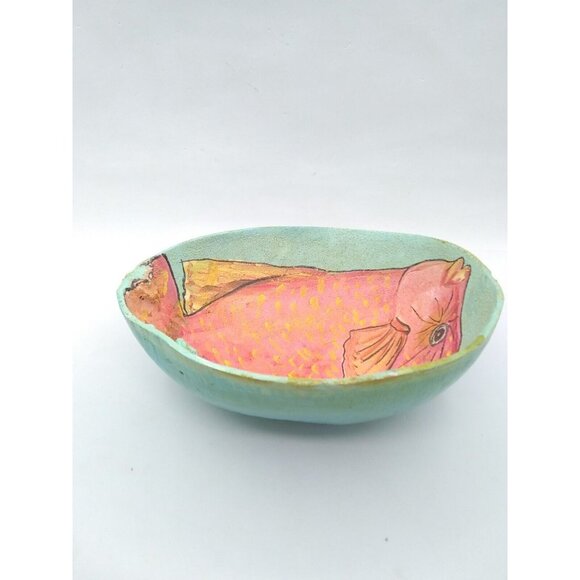 Hand Painted Coconut Shell W/Tropical Orange Fish Signed Beach House Decor - Picture 8 of 9